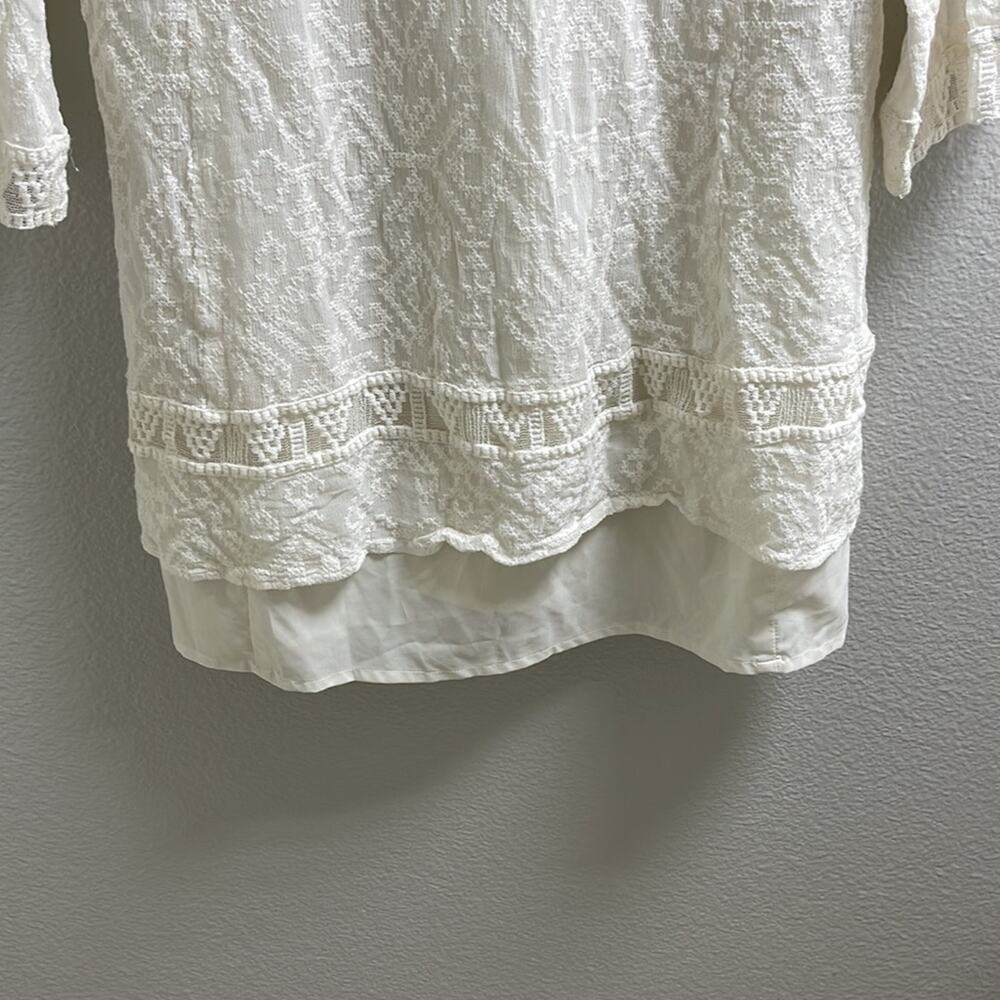 A20). Nanette Lepore Lace Split-Neck Swing Tunic Long Sleeve White Cream size 2 - Picture 6 of 13